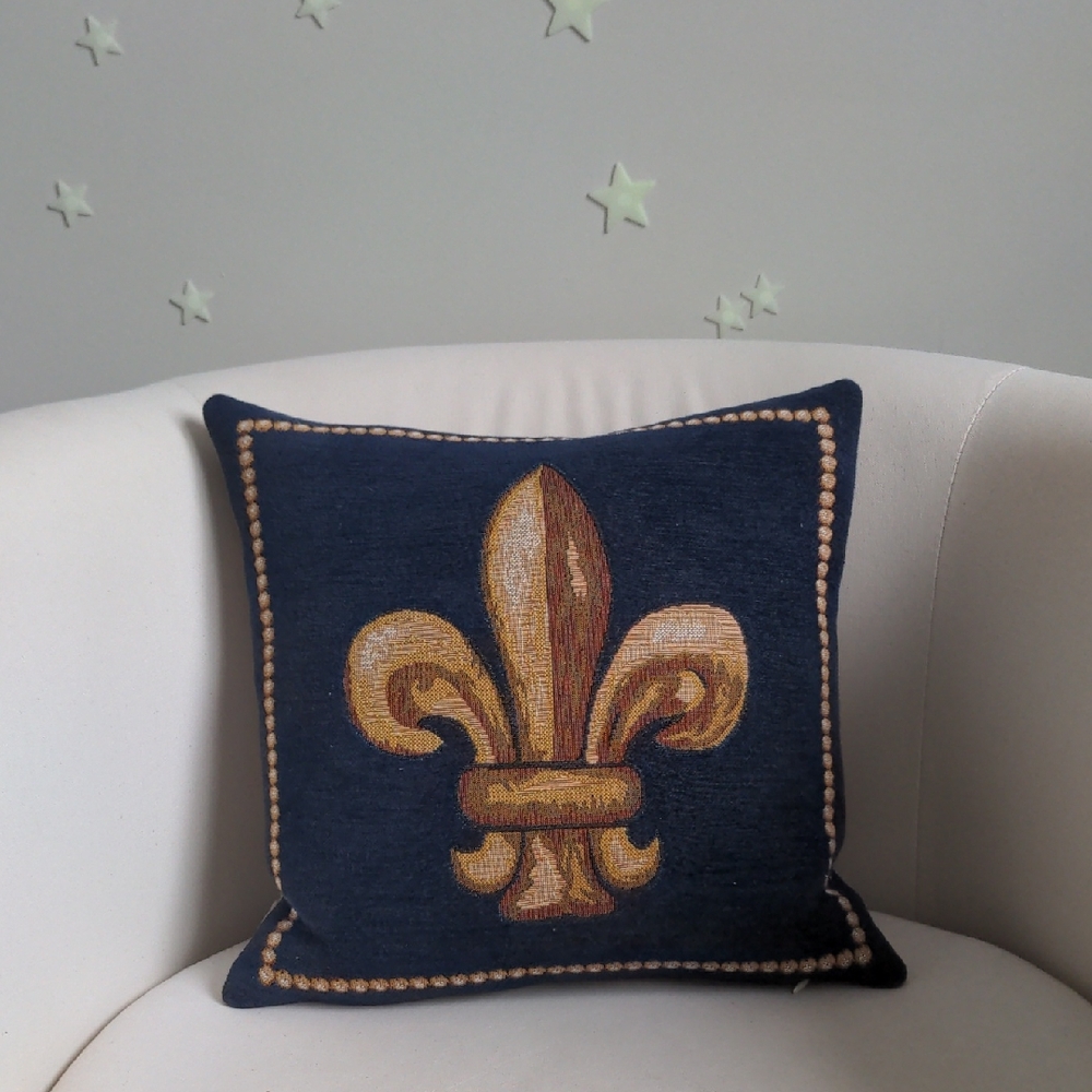 Jules Pansu Navy and Gold Fleur-de-Lis Accent Pillow, Made In France